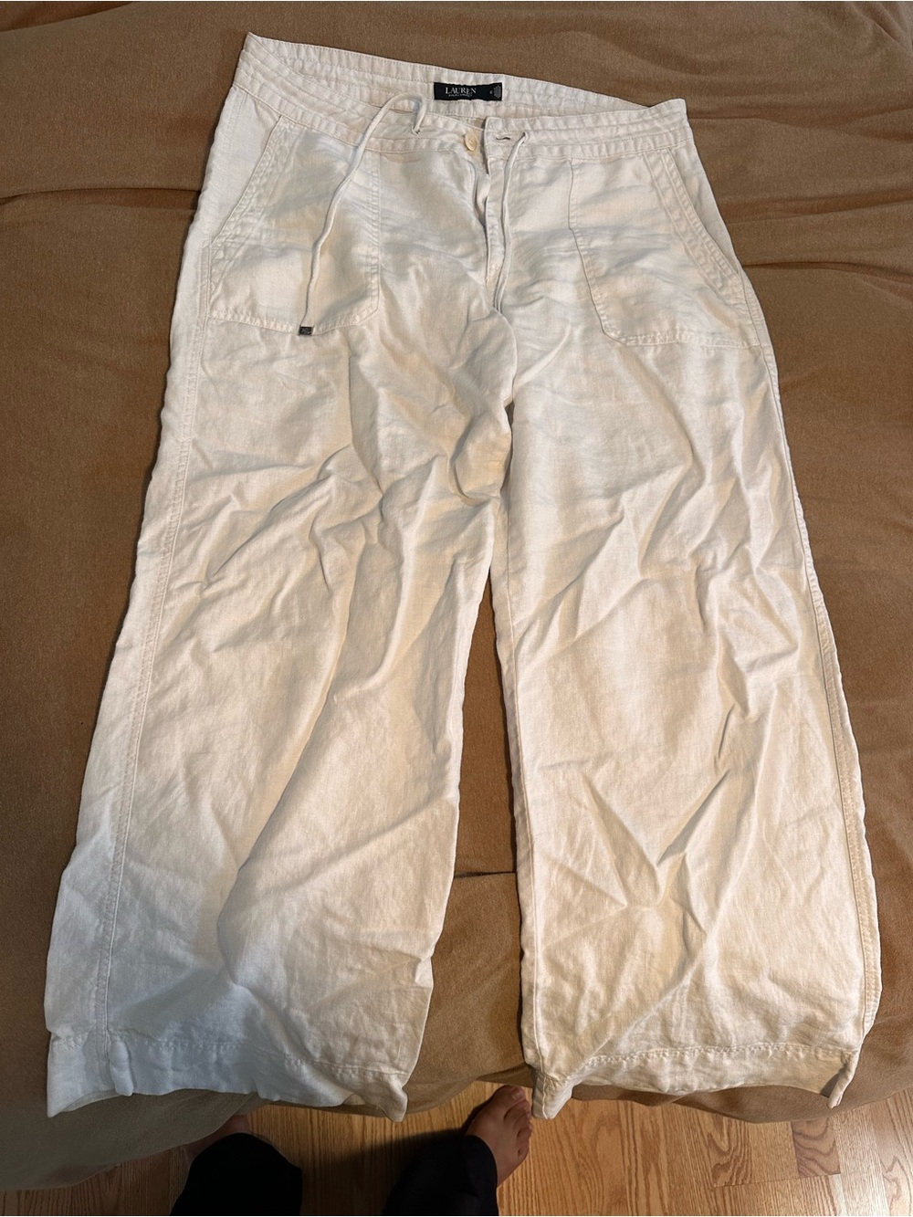 Ralph Lauren White Drawstring Linen-Blend Pants